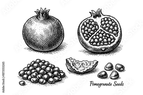 Detailed black and white pomegranate illustration with seeds and slice
