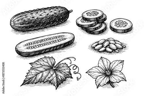 Hand-drawn cucumber elements: whole, sliced, seeds, leaf, flower in detailed illustration