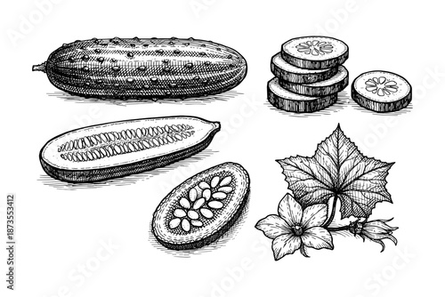 Vintage botanical illustration of cucumbers and leaves in black and white