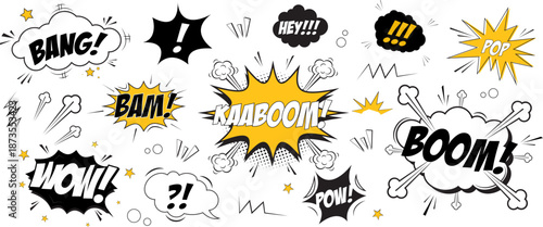 Comic speech bubble set isolated on white background. Comic effect shape with pop art style.  Kaboom, pop, hey, no exclamation stickers design, surprise bang effect, doodle art