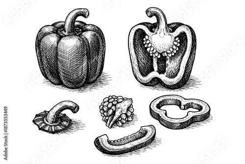 Detailed black and white bell pepper illustration with slices and seeds