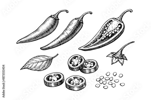 Hand-drawn chili pepper sketches with seeds and slices