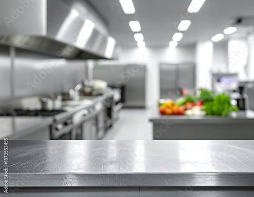 Polished stainless steel counter in the foreground, with a blurred commercial kitchen showcasing appliances and fresh produce