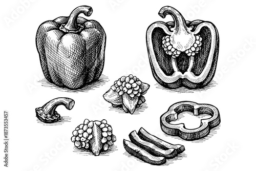 Hand-drawn bell pepper illustrations with seeds and slices in black and white