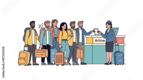 Group of diverse travelers with backpacks and suitcases checking in at an airline counter with agent