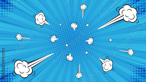 Comic book cartoon puff cloud blue comic background. Pop art funny smoke steam