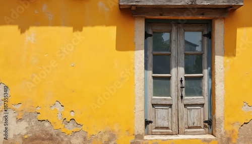Weathered wooden double doors with glass panes set in a textured yellow wall. Sunlight casts a shadow creating a contrast between old and new elements.