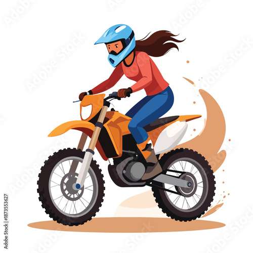 Dynamic illustration of a determined person racing an off-road bike, kicking up dust on a track