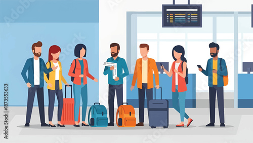 Group of travelers waiting in a bright airport terminal with luggage, backpacks, tickets, and screen