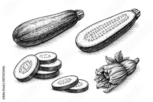 Hand-drawn zucchini and cucumber illustrations with slices and blossoms