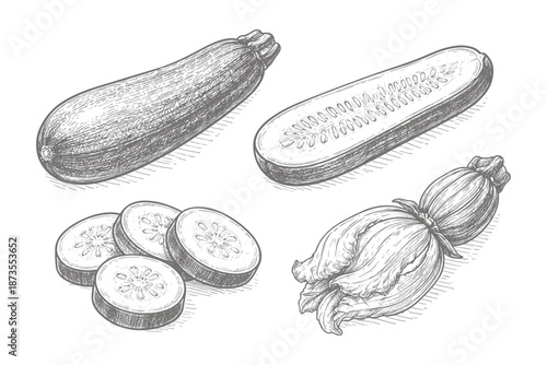 Hand-drawn zucchini sketches: whole, sliced, and blossoms in detailed line art