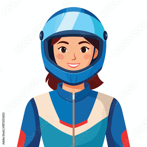 Smiling female racer portrait in full face helmet and suit, ready for action