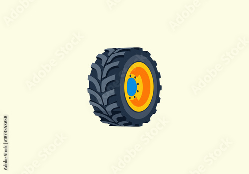 Vector Icon Concept Heavy-duty black rubber tire with deep angular treads and a vibrant yellow rim.