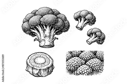 Detailed black and white broccoli illustrations of various cuts and views