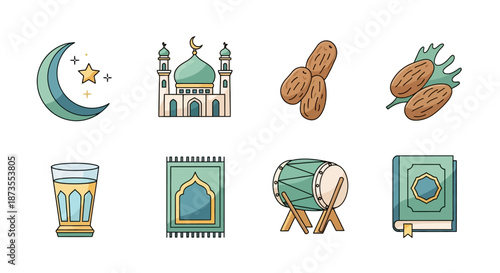 A vibrant collection of Islamic and Ramadan-themed icons, featuring mosque, moon, dates, and prayer essentials, perfect for cultural and religious designs and celebrations