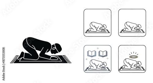 Illustrations of a person in prayer on a rug, depicting different stages and spiritual representation