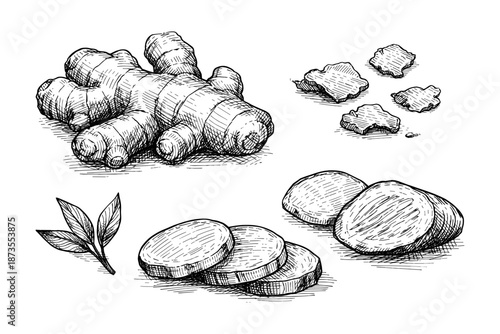 Hand-drawn ginger illustrations with slices and leaves in black ink