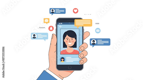 Hand holding smartphone displaying smiling female profile with chat bubbles, notifications and icons