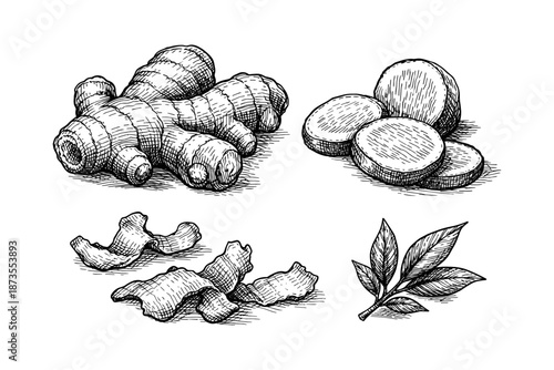 Hand-drawn ginger illustrations with root, leaves, and slices on white background