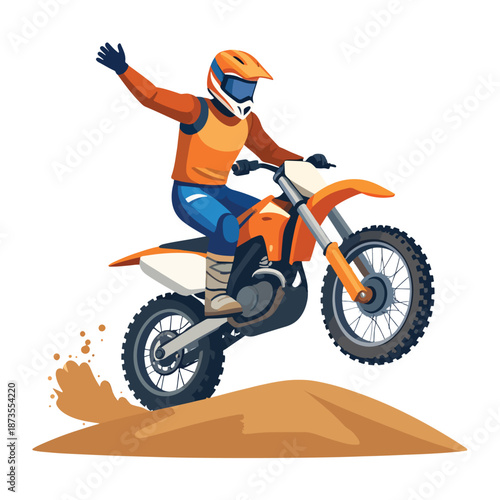 Exciting off-road racing illustration: motocross rider jumps high over a dirt ramp
