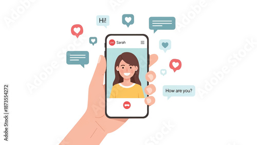 Hand holding smartphone showing smiling woman on a video call, chat bubbles and heart reactions. app
