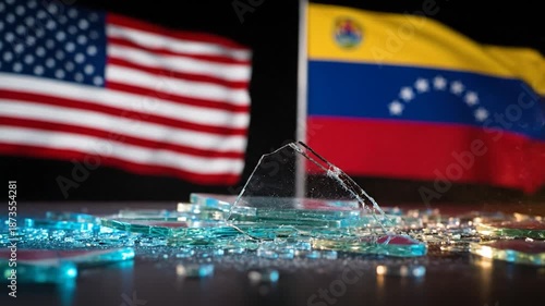 Shattering Glass with US and Venezuela Flags.