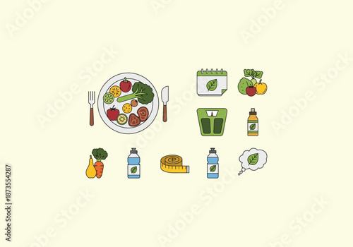 Vector Icon Concept Healthy Lifestyle Elements - Balanced Diet, Exercise, and Wellness Icons.