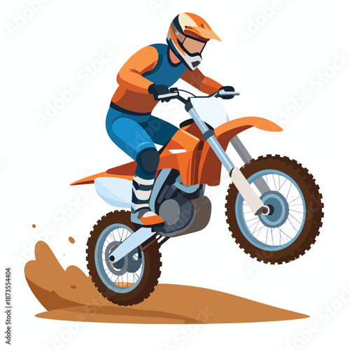 Dynamic vector illustration of a person racing an off-road bike on a dirt track, performing a jump