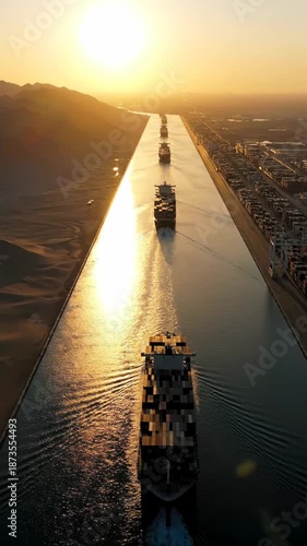 Aerial View of Cargo Ships Navigating Through a Narrow Canal at Sunset.