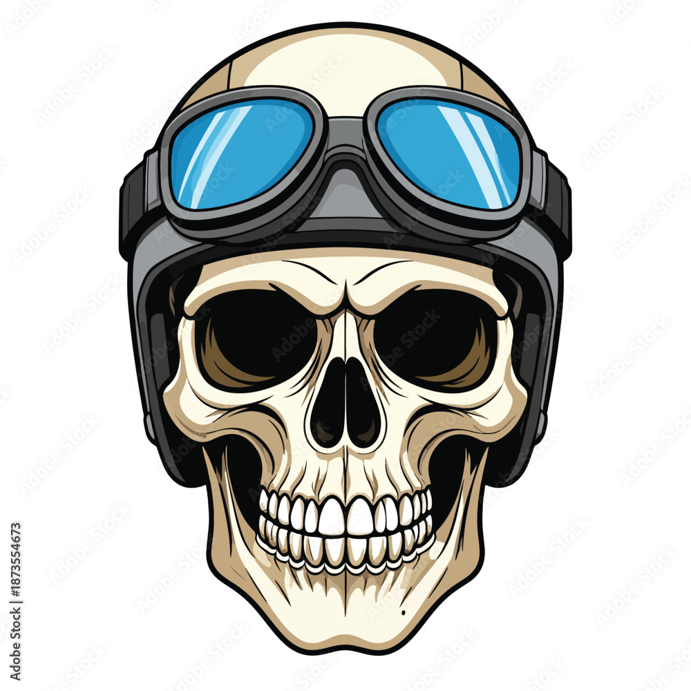 Fototapeta premium Front View of a Stylized Skull Wearing Vintage Racing Helmet and Goggles, Vector Art Illustration