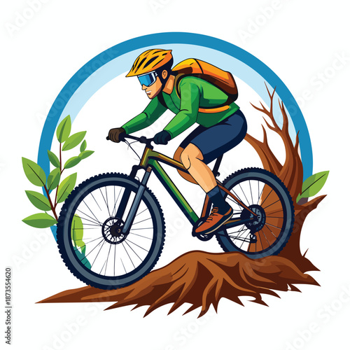 Dynamic vector illustration of an athlete racing a mountain bike on a rugged forest trail