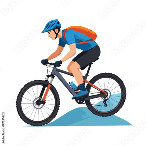 Vibrant vector illustration of a person actively mountain biking on an outdoor trail, enjoying the race.
