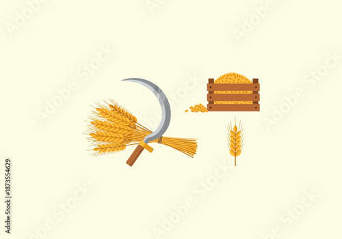 Vector Icon Concept Harvest Time - Wheat Sheaves, Sickle, and Crate of Grain.