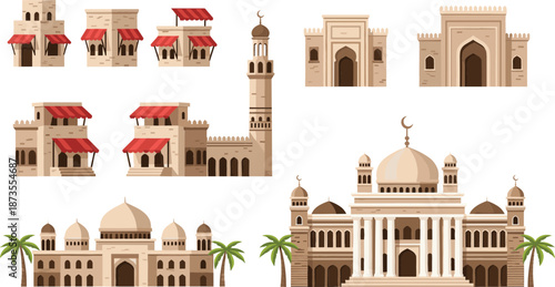 Traditional Arabic buildings set featuring mosques minarets sand stone houses with red awnings and palm trees for cultural tourism
