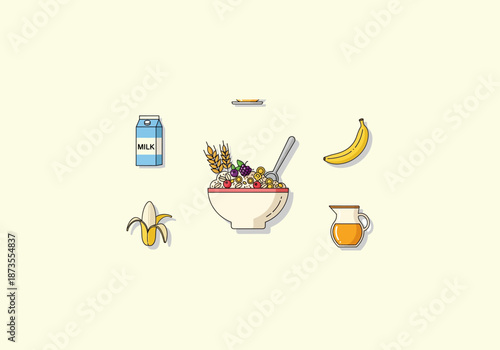 Vector Icon Concept Healthy Breakfast Illustration with Cereal, Milk, Banana, and Orange Juice.