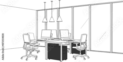 Modern office workspace line art illustration featuring glass walls pendant lights desks computers and ergonomic chairs for business interior