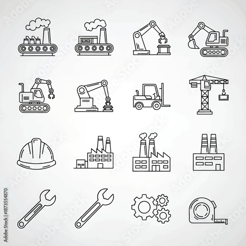 Hand-drawn industrial icon grid of factories, cranes, excavators, robots, tools, helmet, tape small
