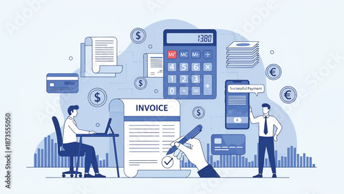 Invoice and payment workflow illustration people, calculator, laptop, smartphone, cards, receipts!!