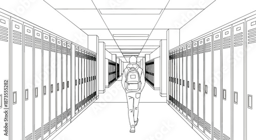Black and white line art of a student with backpack walking through a school hallway with rows of lockers
