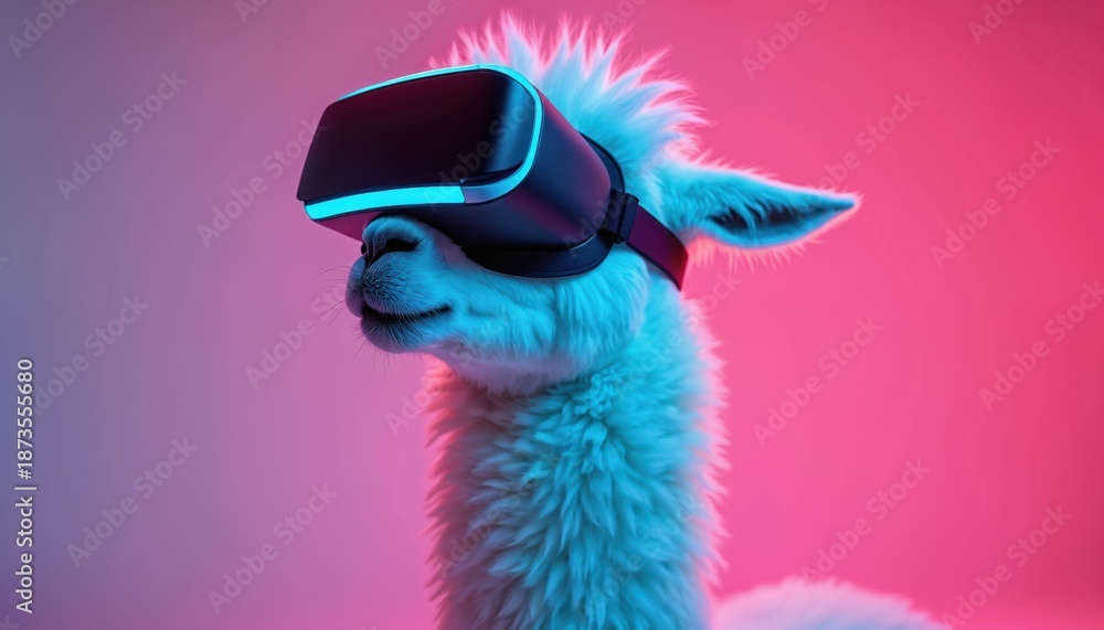 Fototapeta premium White llama wears virtual reality headset, bathed in neon blue and pink light. Animal explores digital world simulation, experiencing futuristic tech innovation and fun adventure.