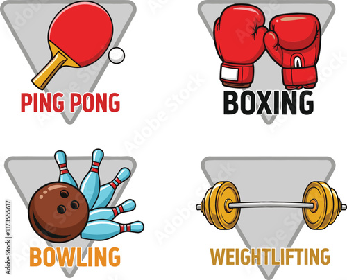 Sports fitness emblem icons set with ping pong boxing bowling and weightlifting badges for gym competition or tournament