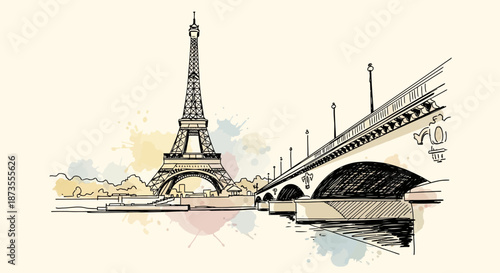 Illustration of Eiffel Tower and bridge.