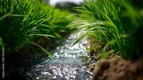 Vibrant green grass flanks a muddy irrigation channel with sparkling water flowing through a sunlit agricultural field