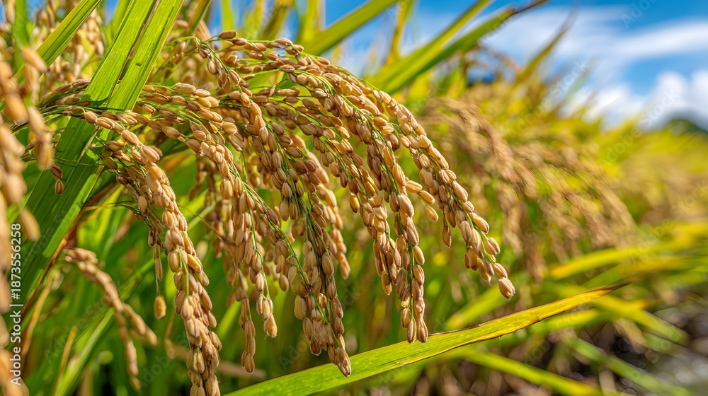 Fototapeta premium Golden rice stalks sway gently in a sunlit paddy field, ready for the autumn harvest.