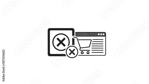 Monochrome icon of a browser product page and tablet with shopping cart and prominent cancel X badge