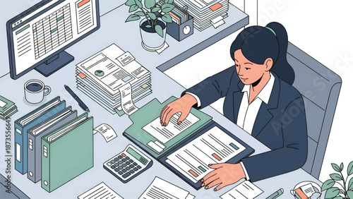 Office worker sorting financial documents at cluttered desk with folders calculator, computer screen