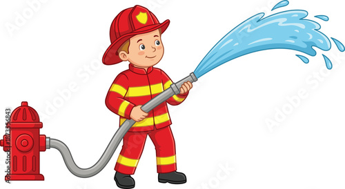 Cute cartoon firefighter child character holding fire hose spraying water, kids safety education illustration, emergency service hero concept, fire prevention learning artwork