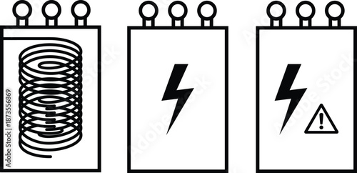 Electrical transformer coil and power control panels with lightning bolt icons industrial energy equipment safety warning symbols vector illustration isolated on white background design