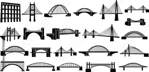 Large collection of black bridge silhouettes featuring various architectural designs like suspension arch and cable stayed styles for urban engineering