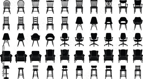 Modern chair icon set, furniture silhouettes collection, office dining lounge seating symbols, minimalist black chair icons, interior design elements, vector illustration set
